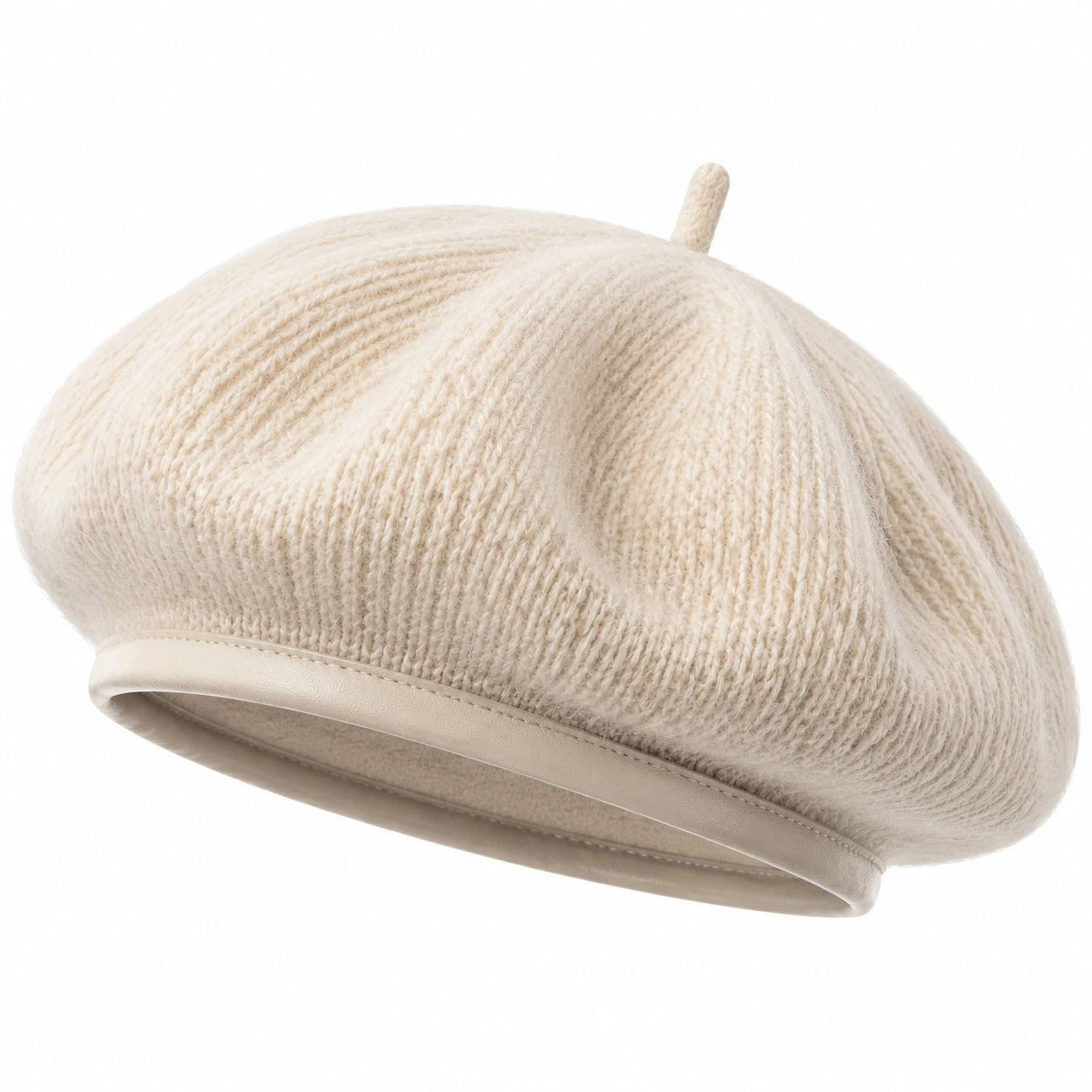 Béret taille unique en maille crème avec bordure effet cuir style classique