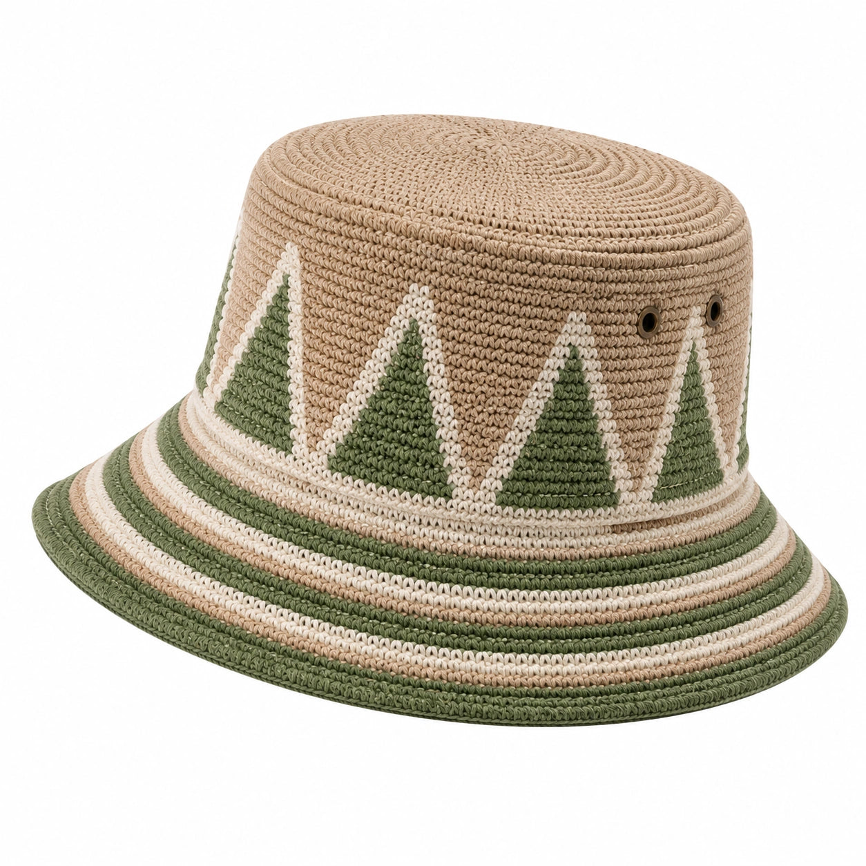 Chapeau bob taille unique tressé beige vert style crochet avec œillets
