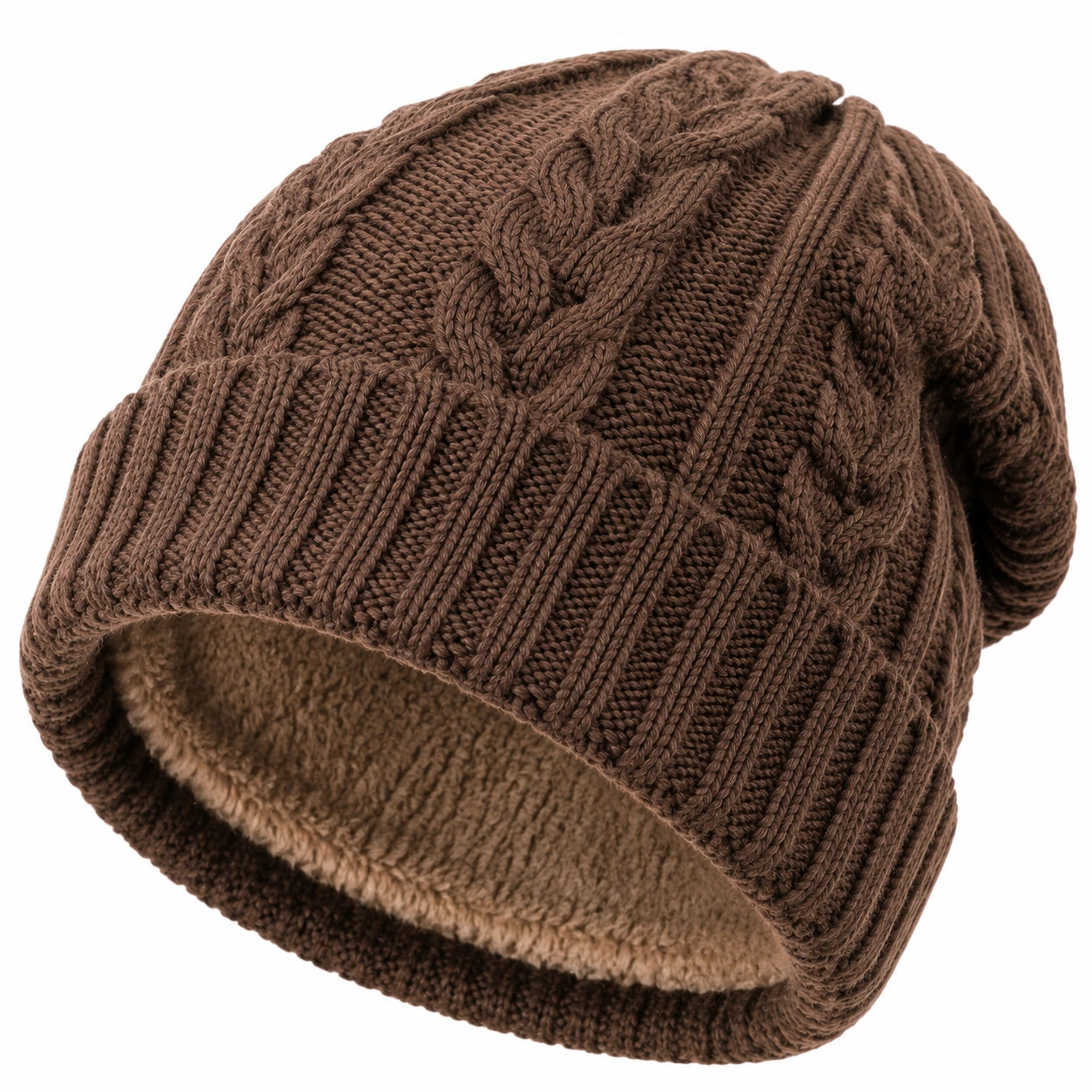 Bonnet unisexe taille unique marron en maille torsadée doublée pour hiver