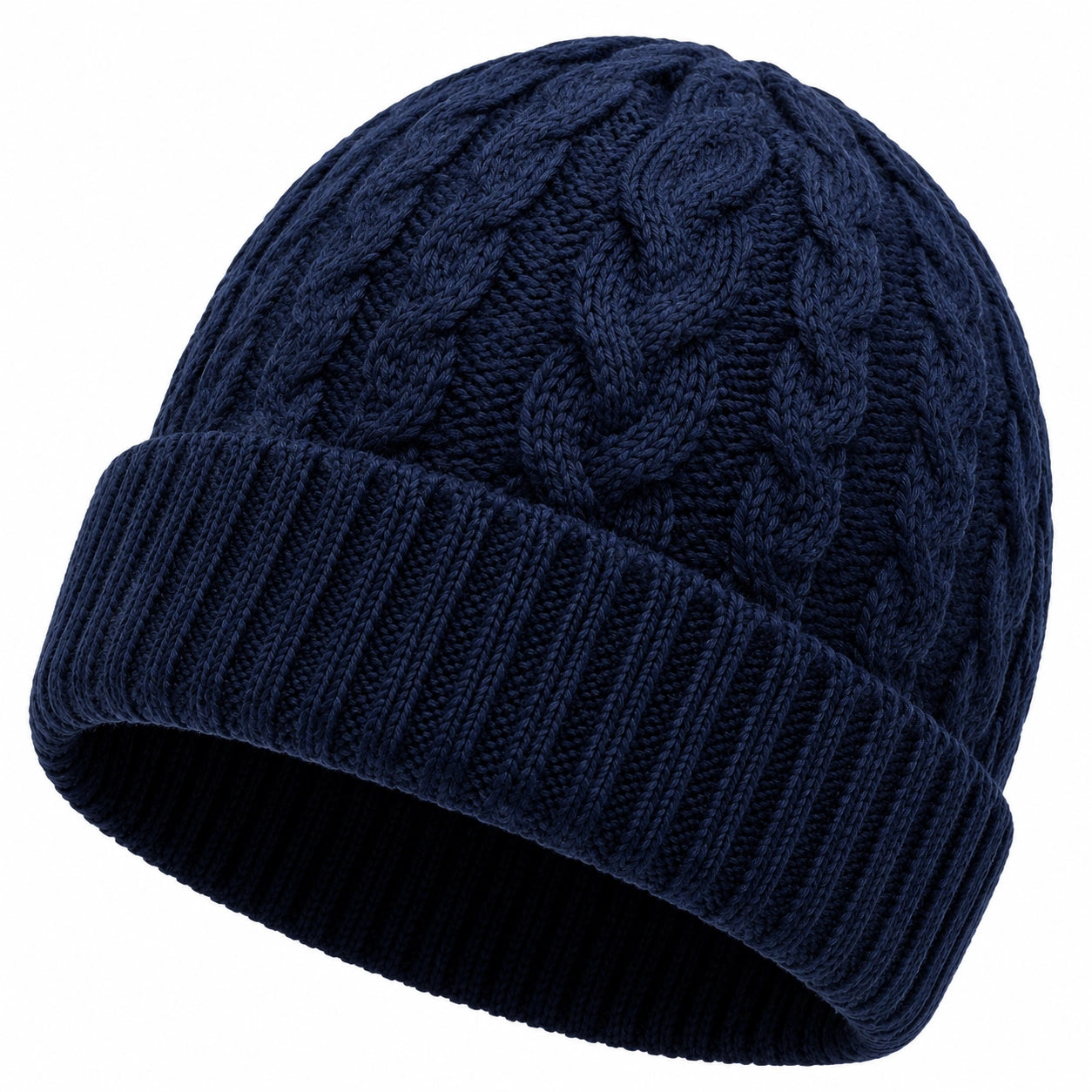 Bonnet taille unique en maille bleu marine - style torsadé pour hiver