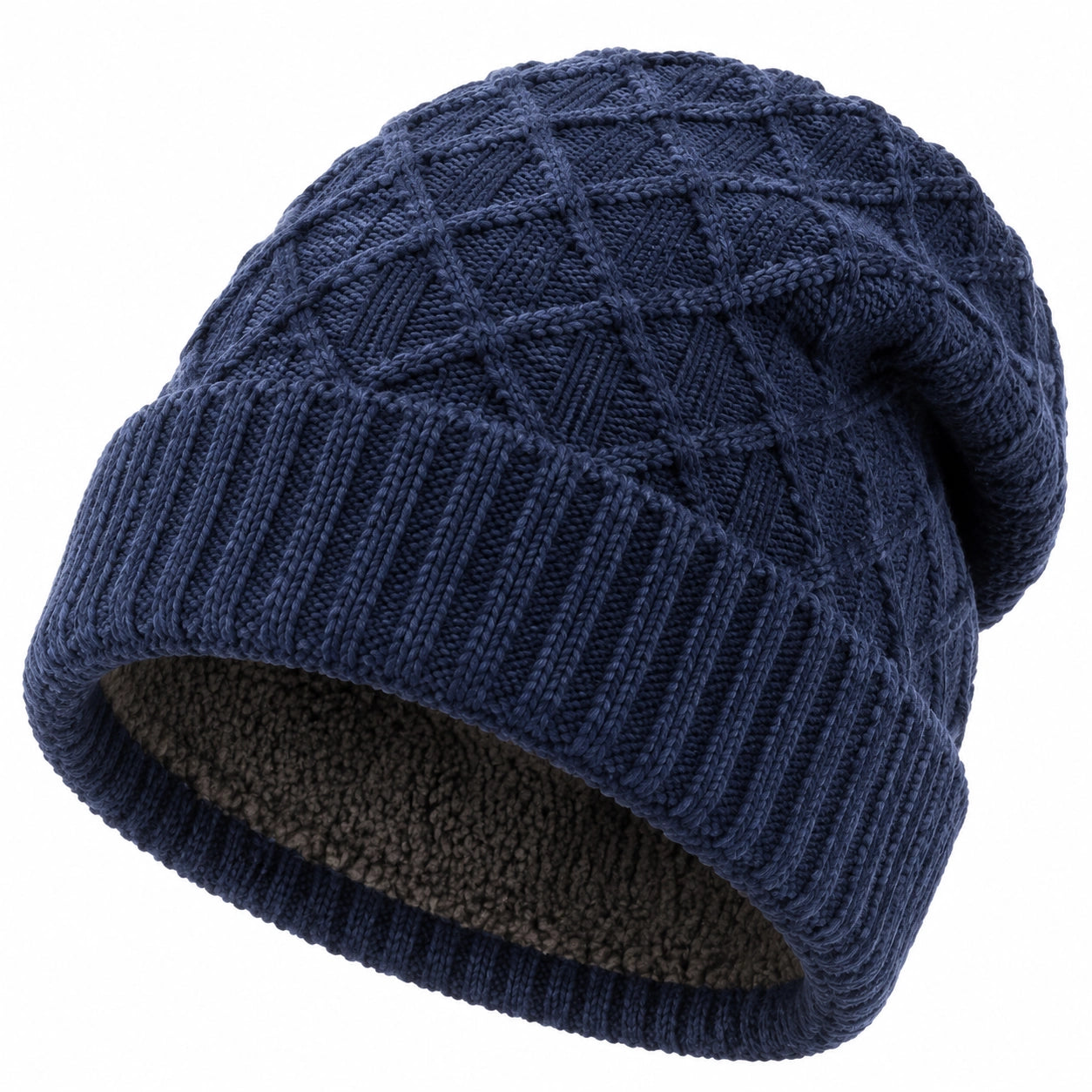 Bonnet taille unique en maille bleu marine doublé chaud à revers