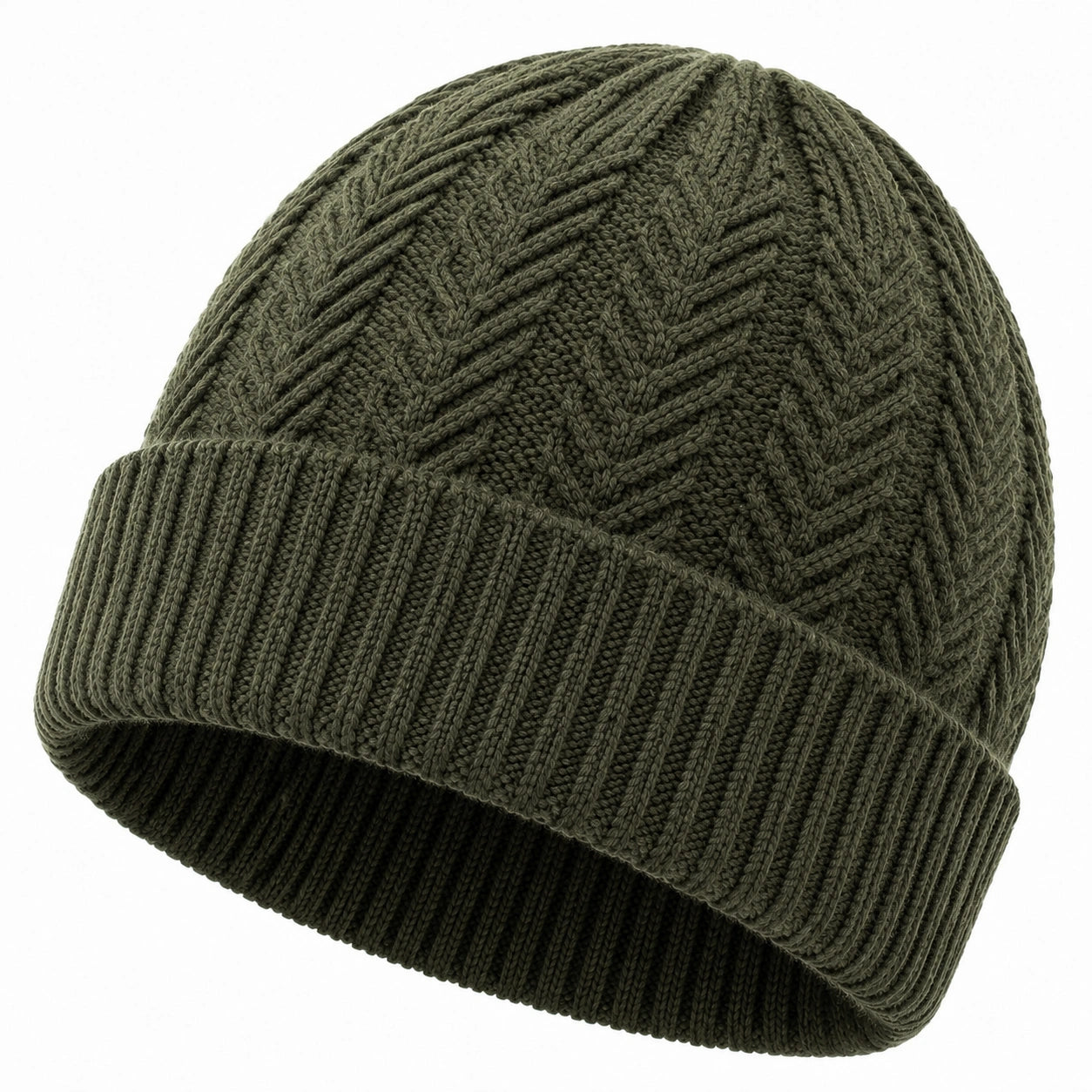Bonnet maille torsadée taille unique vert kaki à revers style hivernal