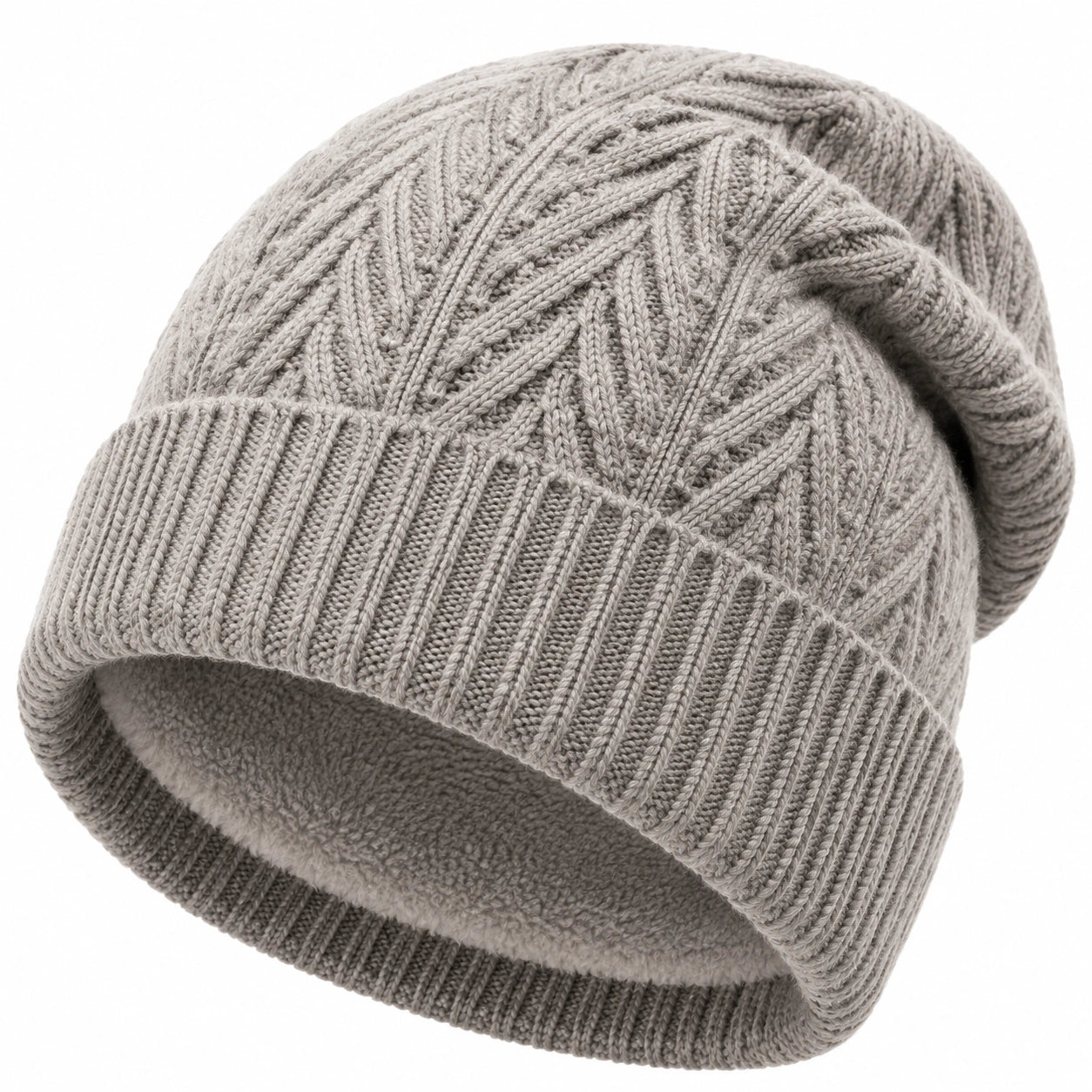 Bonnet taille unique en maille gris doublé polaire - style torsadé pour hiver